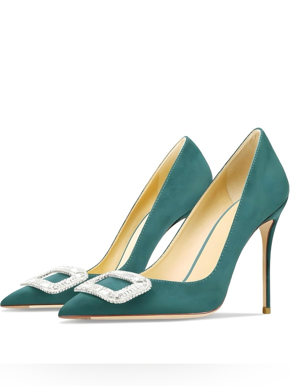 Brand New! Turquoise Green Suede Pointed Toe Pumps with Crystal Buckle (Size:6)